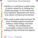 Information card about amethyst crystals with text and purple background