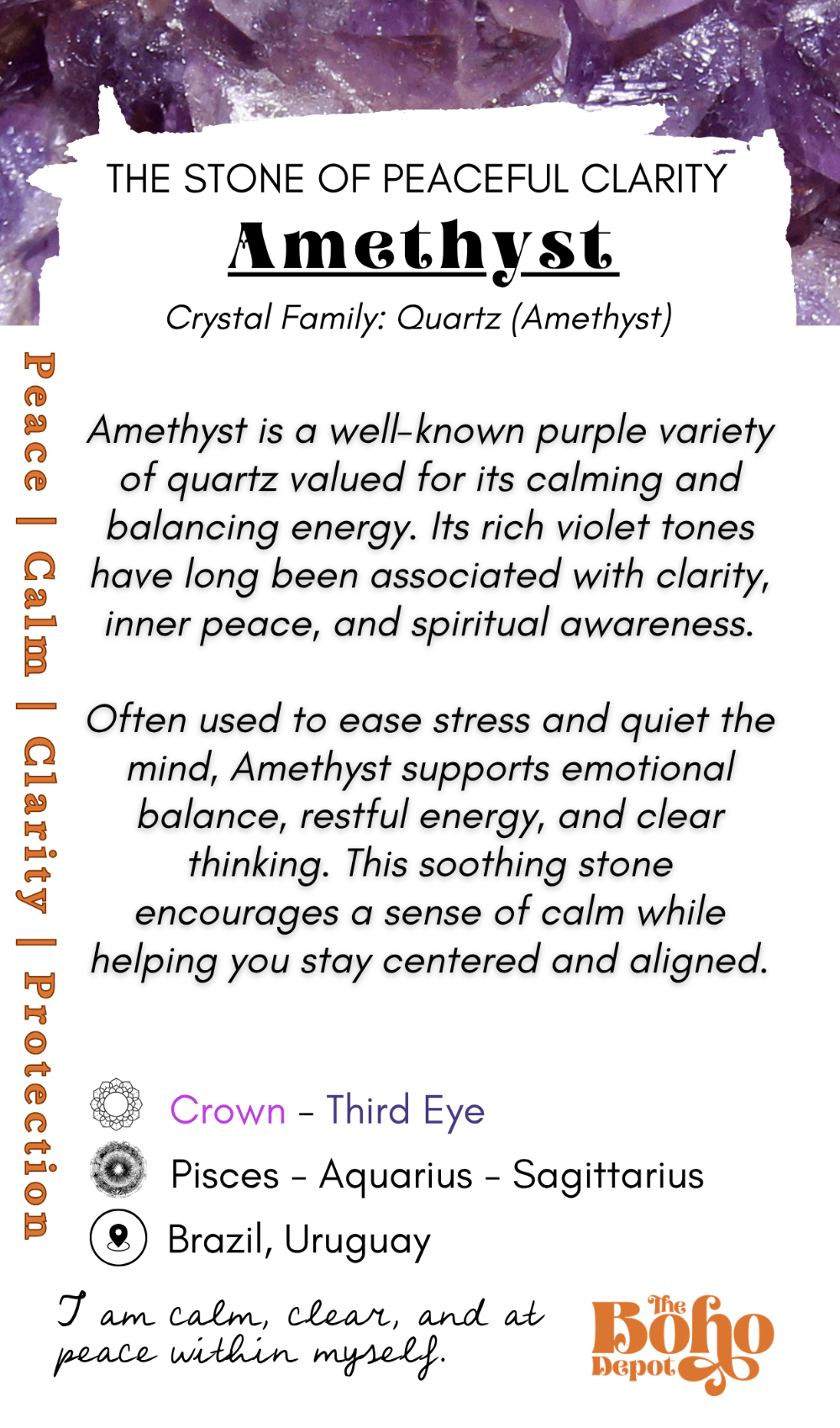 Information card about amethyst crystals with text and purple background
