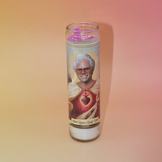 Baby Billy Righteous Gemstones Candle with a printed design on a gradient background