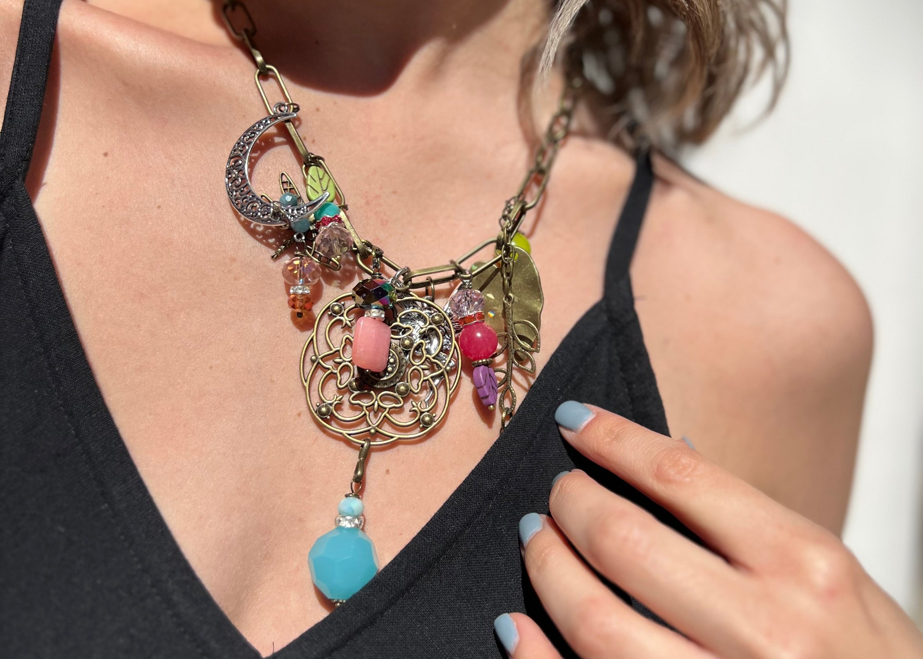 Chunky Bohemian Necklace on a model wearing black tank top