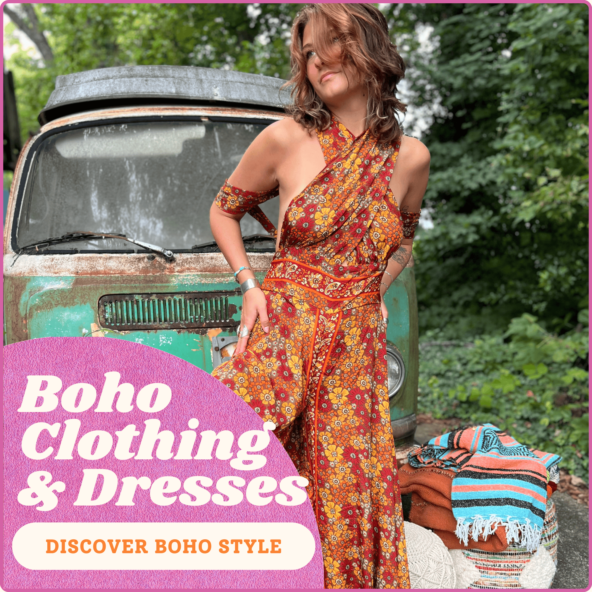 Woman in a colorful dress standing next to a vintage truck with 'Boho Clothing & Dresses' text overlay.