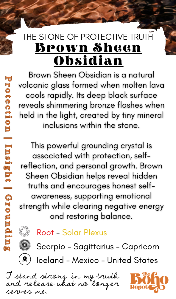 Information card about Brown Sheen Obsidian with text and decorative elements.