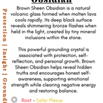Information card about Brown Sheen Obsidian with text and decorative elements.