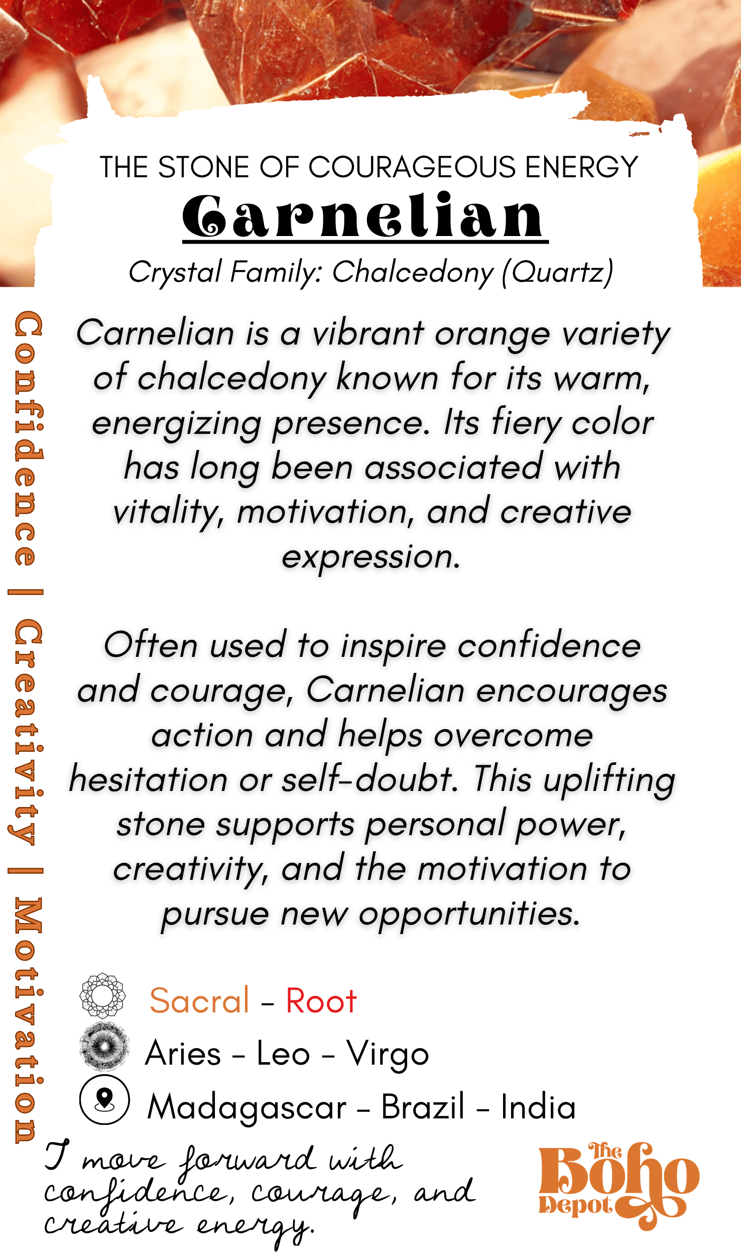 Informational text about carnelian crystal with a Boho Depot logo.