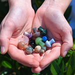 Mini Crystal Gemstone Mushrooms in ladies cupped hands over grass