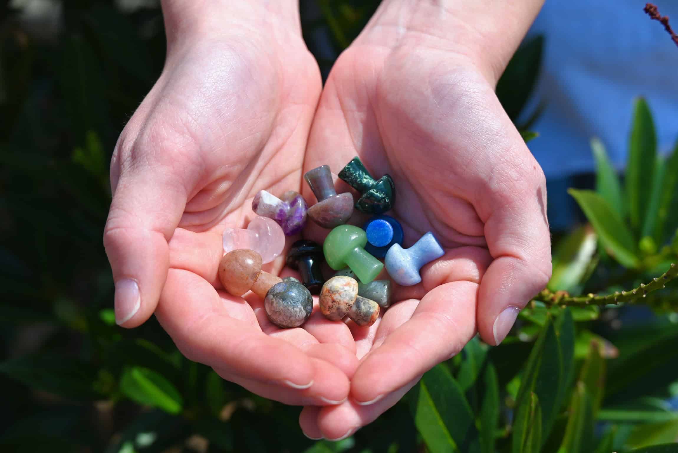 Mini Crystal Gemstone Mushrooms in ladies cupped hands over grass