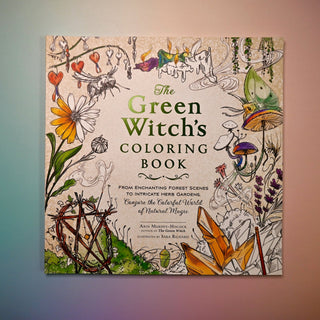 The "Green Witch's Coloring Book" on a pink and blue background, showing off the front cover.