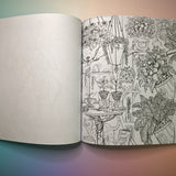 The "Green Witch's Coloring Book" on a pink and blue background, showing off a page.