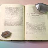 "The House Witch" book on a pink and blue background, showing off its pages.