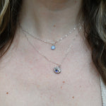 Someone wearing the Sterling Silver Purple Evil Eye Necklace with Paperclip Chain.