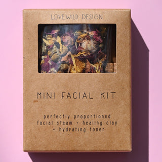The Mini Facial Kit on a pink background.