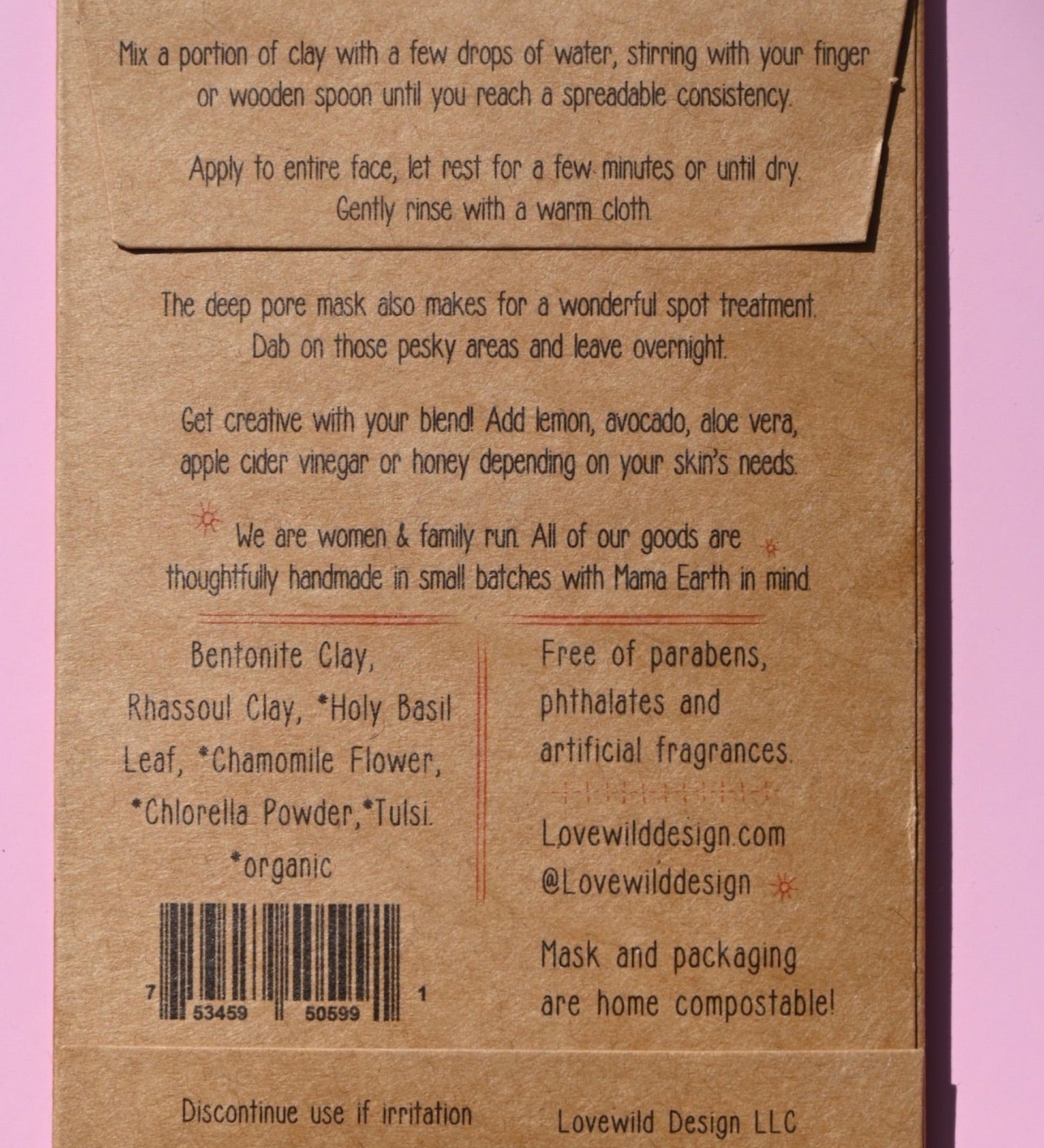 The back of the Deep Pore Cleansing Clay Mask on a pink background.