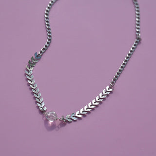 The Clear Quartz Stainless Steel Vibez Choker on a purple background.