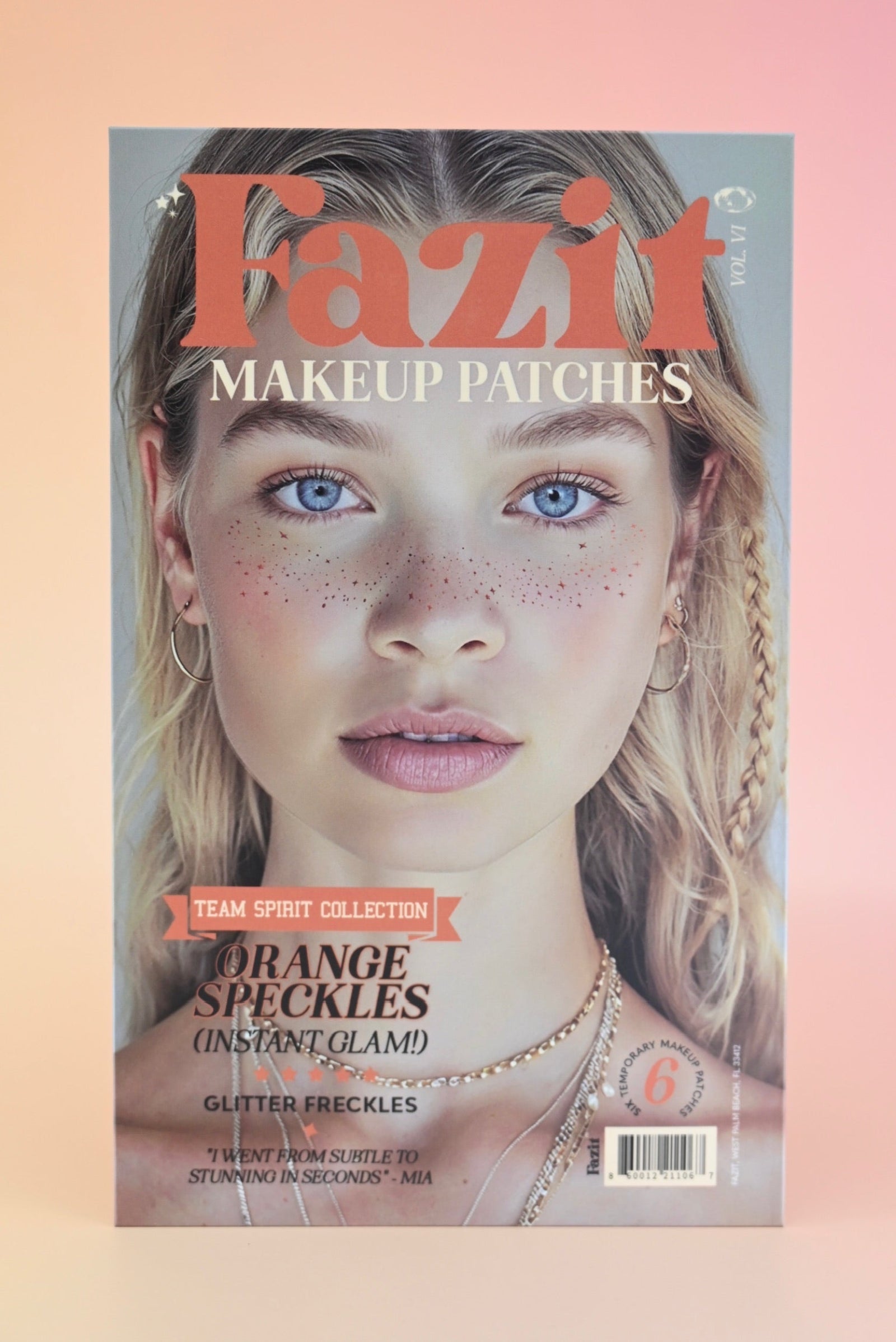 The Orange Spirit Speckles Makeup Patches on a pink background.