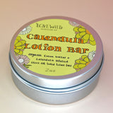 The Calendula Lotion Bar on a pink and yellow background.