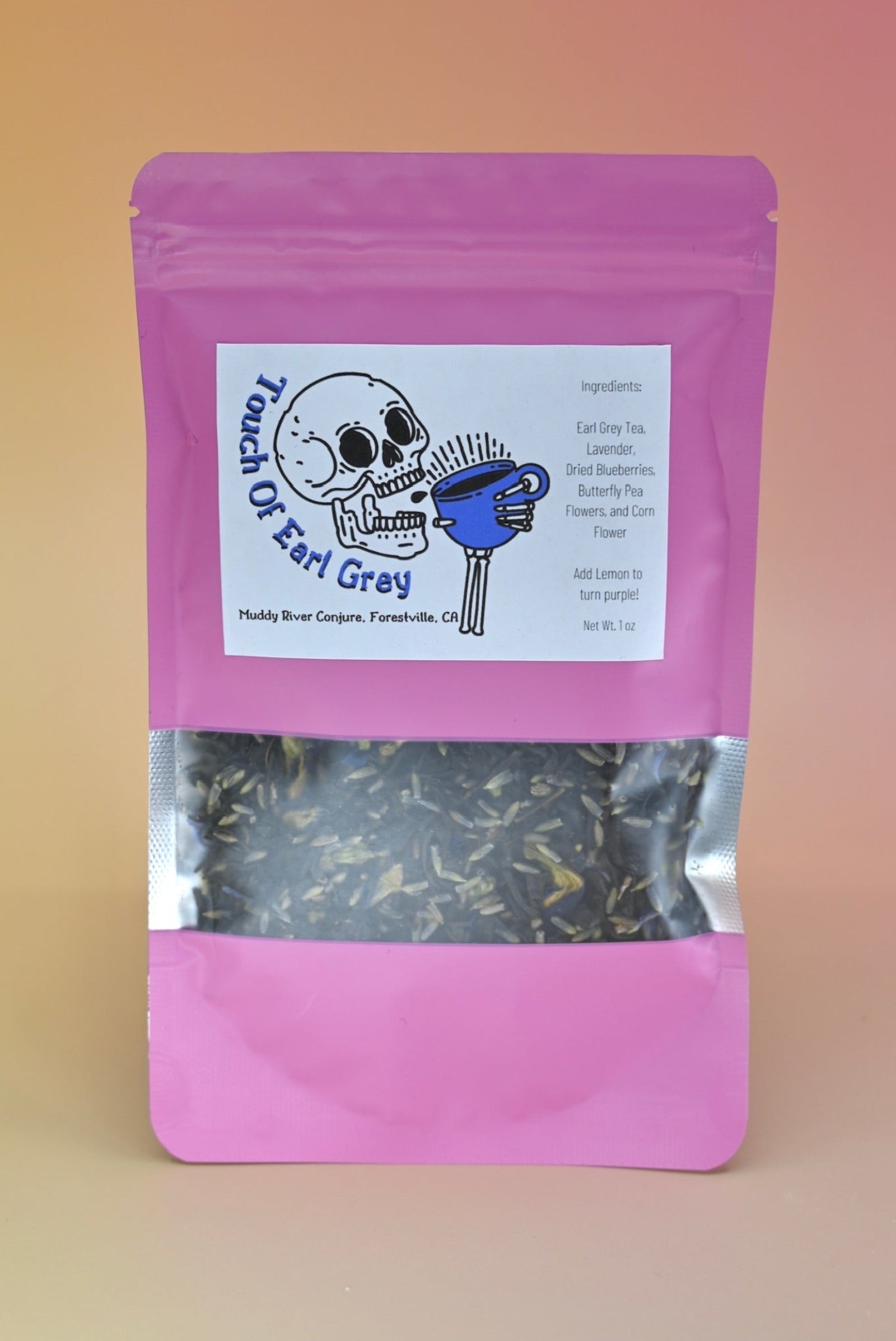 The Touch of Earl Grey Loose Tea Blend on a pink background.