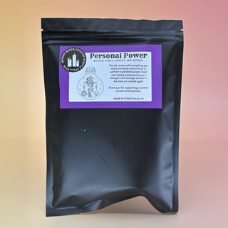 The Personal Power Ritual and Bottle Spell Amulet Kit on a pink and yellow background.