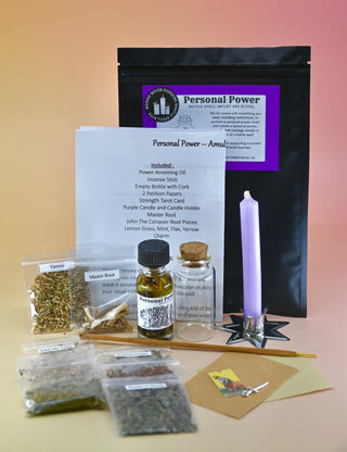 The Personal Power Ritual and Bottle Spell Amulet Kit on a pink and yellow background with all its contents out as well.