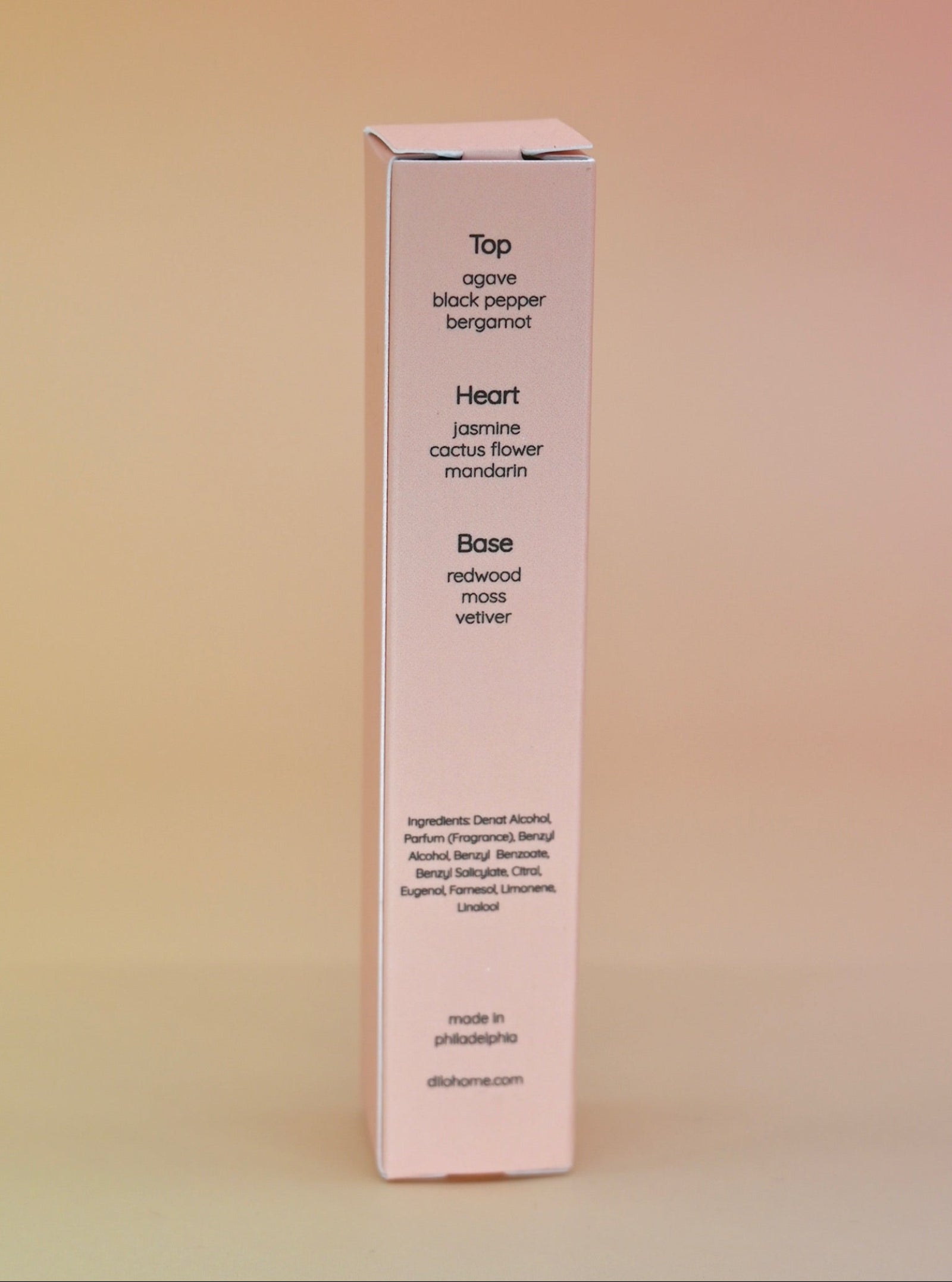 The back of the box of the Cactus Flower 15ml Unisex Eau de Parfum Travel Sprayer on light pink background.