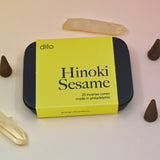 The Hinoki Sesame Cone Incense on a light pink background surrounded by incense cones and crystals.