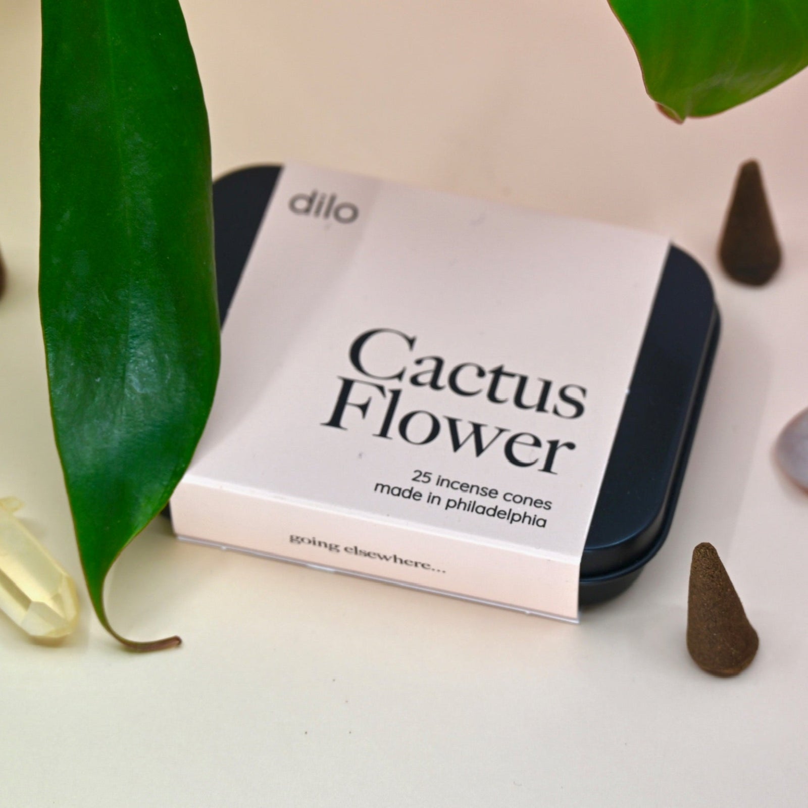 The Cactus Flower Incense Cones - Pack of 25 tin on a light pink background surrounded by leaves, crystals, and incense cones.