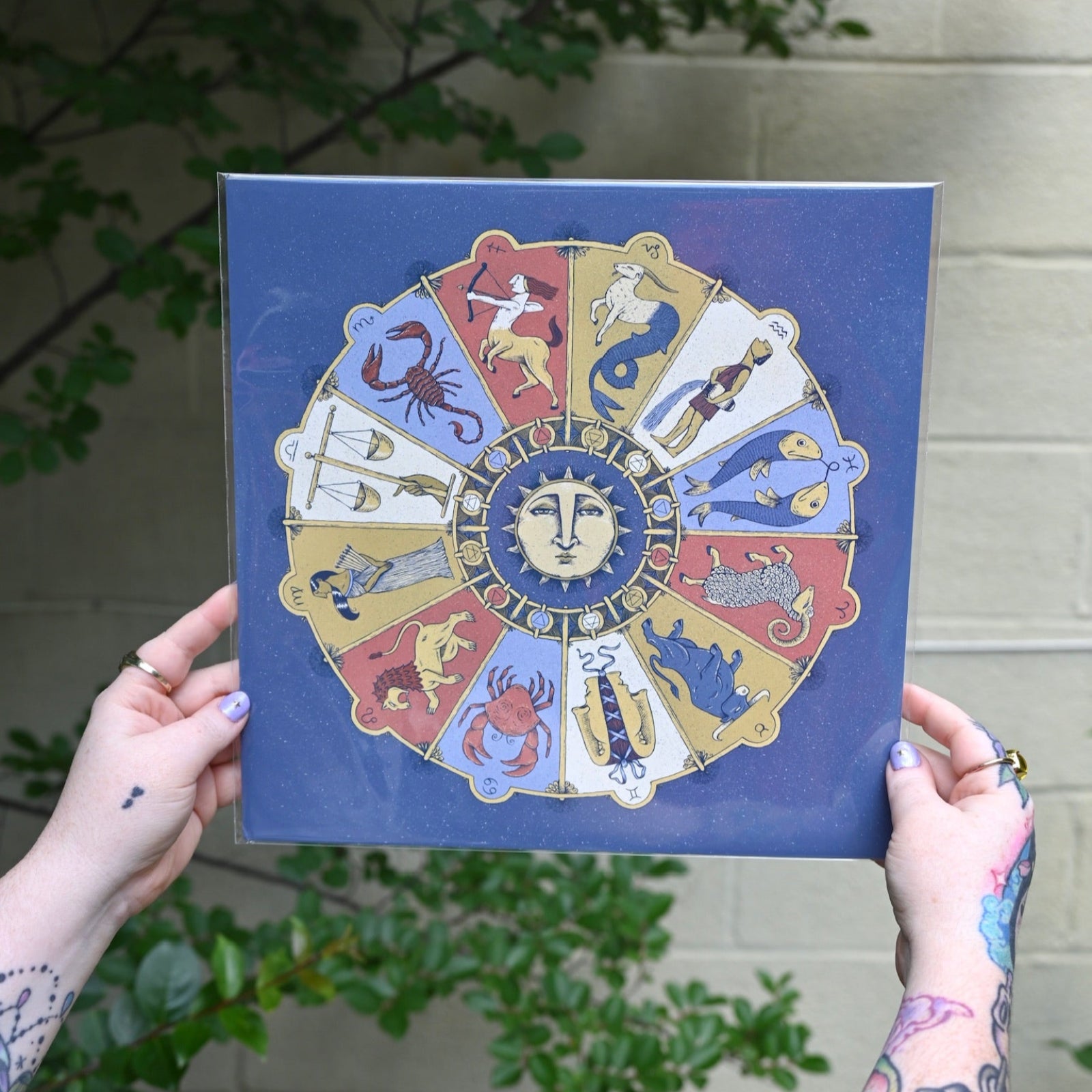 The Mystical Zodiac Print being held in front of a cream-colored wall with greenery.