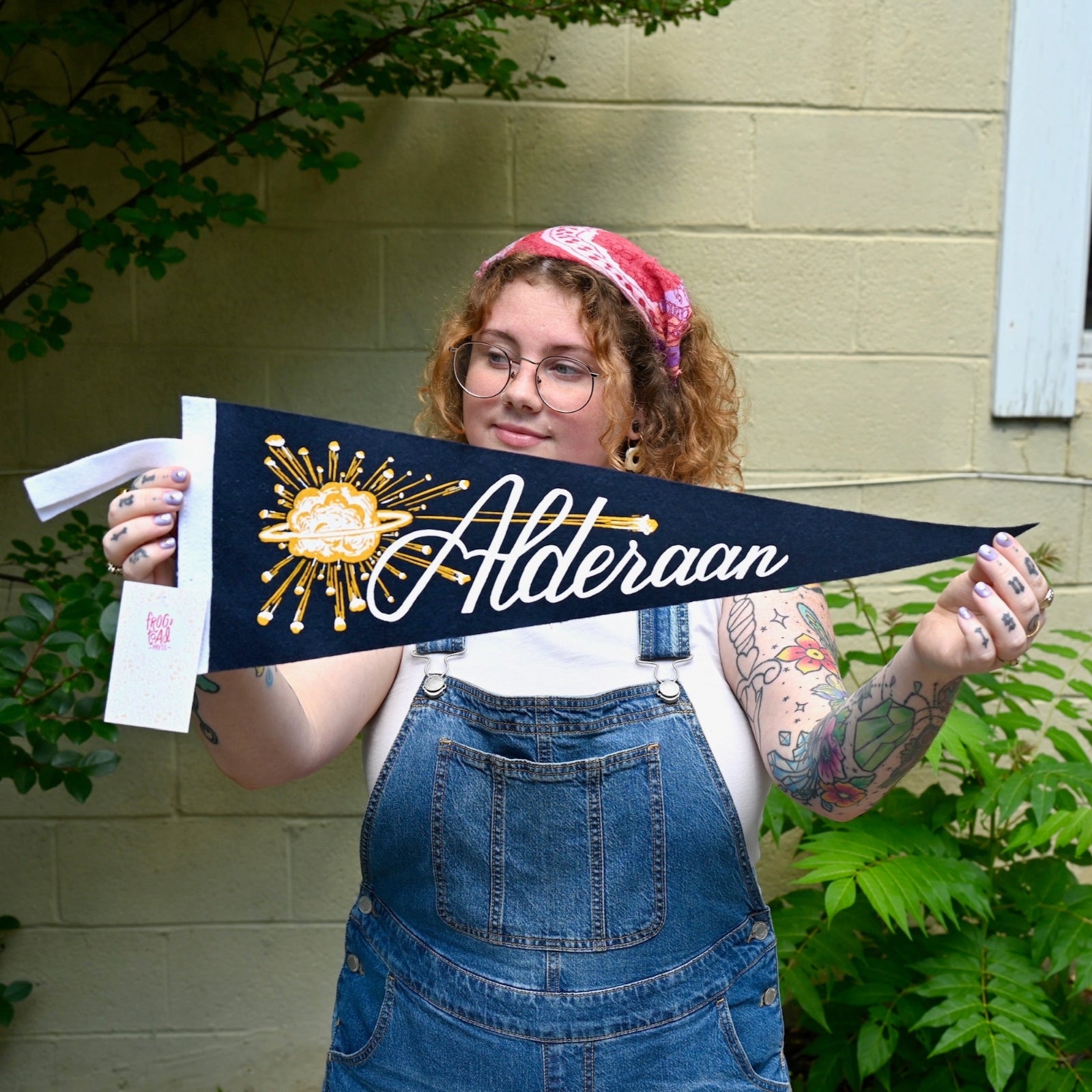 The Alderaan Pennant - Woolen Cotton Pennant being held in front of a cream-colored brick wall with greenery.