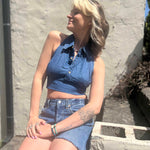 Recycled Denim Halter Top – Upcycled Vintage Shirt on a cream stucko background