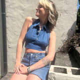 Recycled Denim Halter Top – Upcycled Vintage Shirt on a cream stucko background