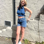 Recycled Denim Halter Top – Upcycled Vintage Shirt on a cream stucko background