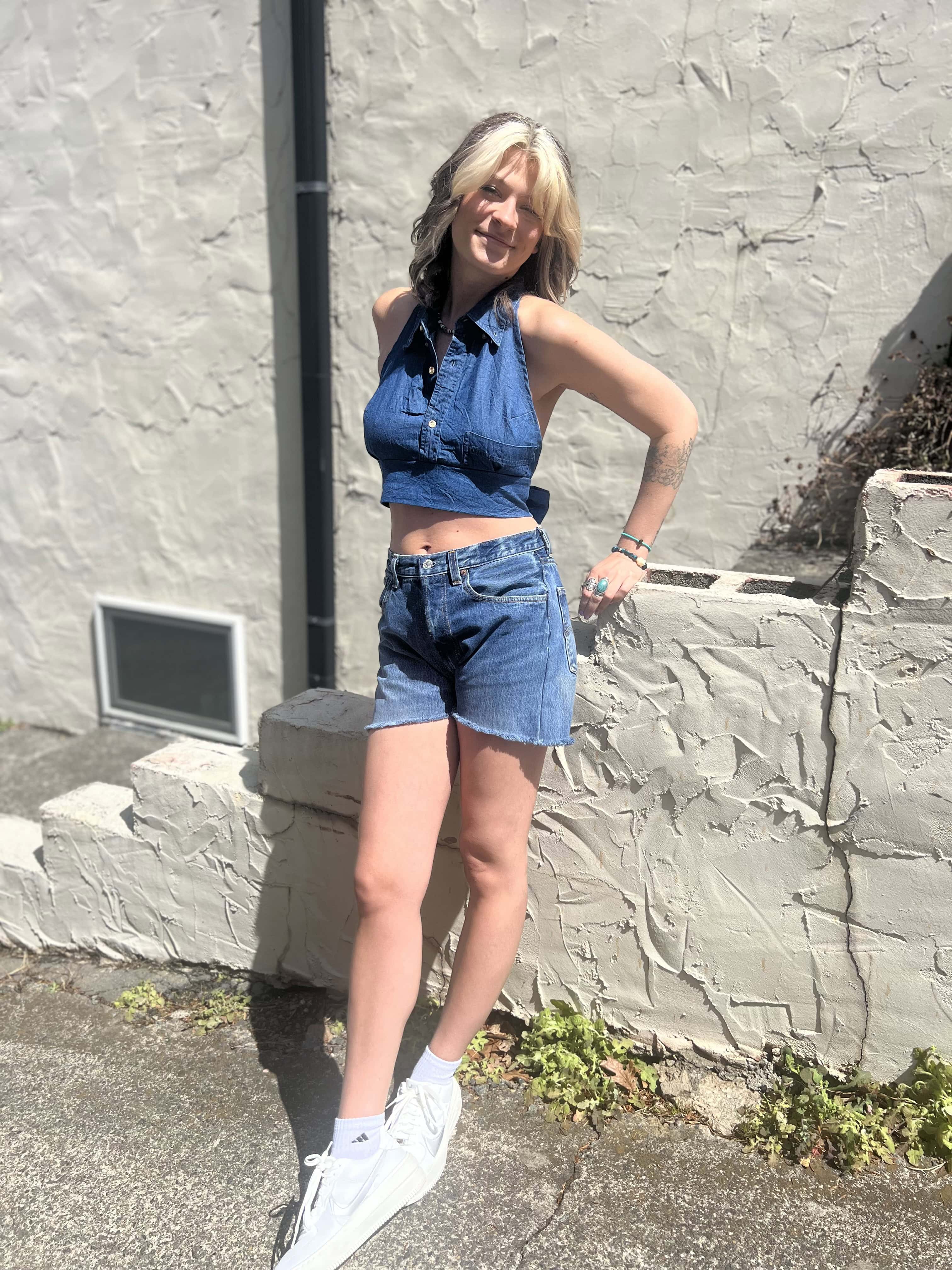 Recycled Denim Halter Top – Upcycled Vintage Shirt on a cream stucko background