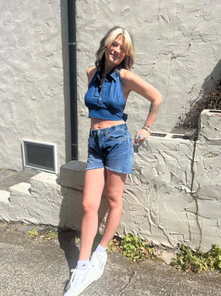 Recycled Denim Halter Top – Upcycled Vintage Shirt on a cream stucko background