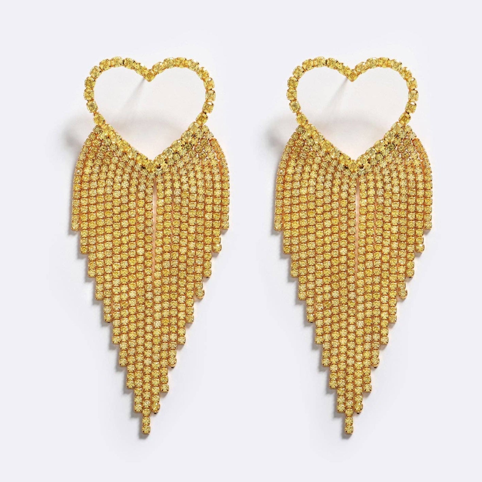 heart-shaped disco earrings with gold and crystal fringe 