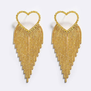 heart-shaped disco earrings with gold and crystal fringe 