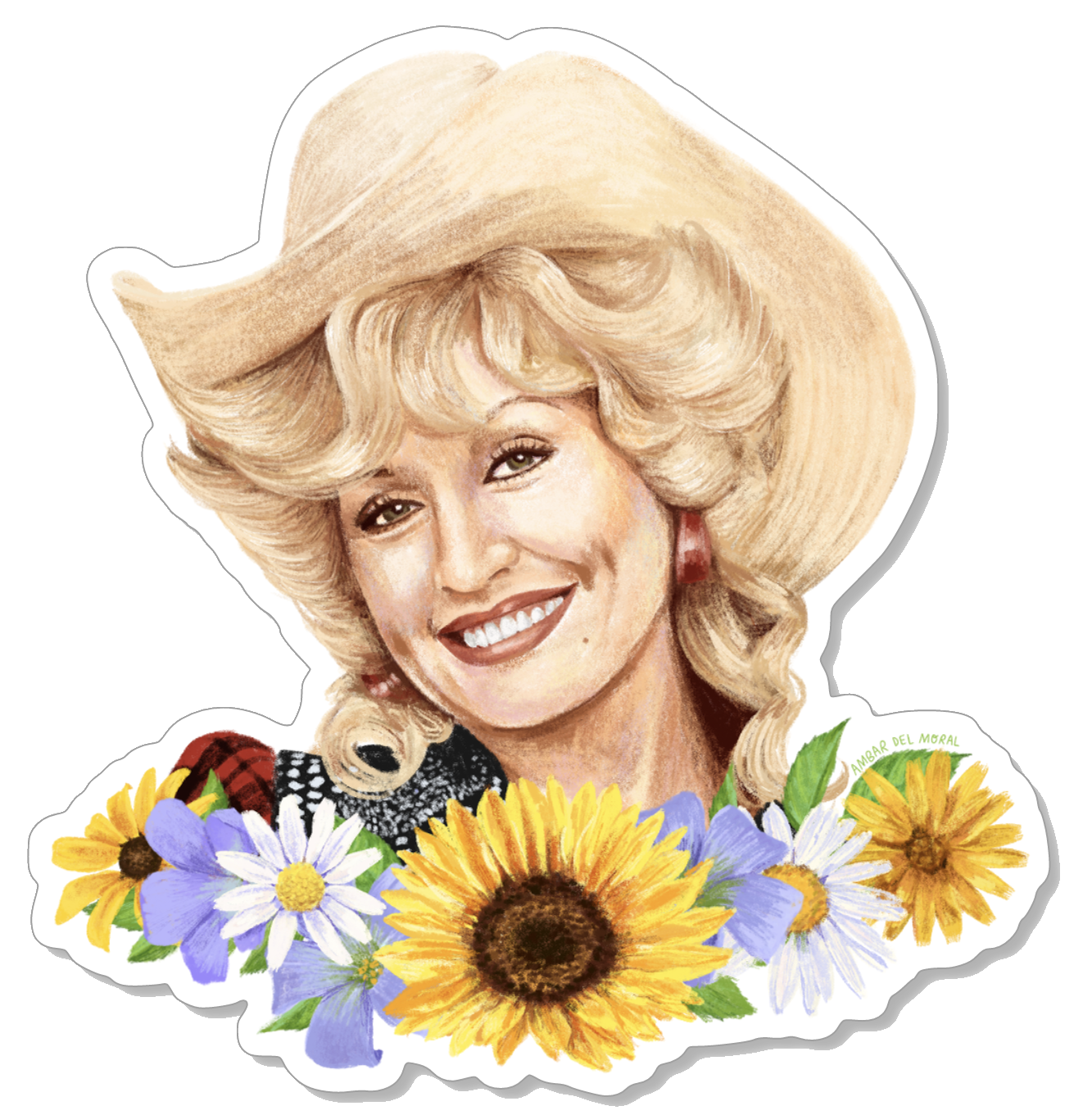 Sticker of Dolly Parton and a cowboy hat surrounded by flowers on a white background