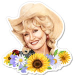 Sticker of Dolly Parton and a cowboy hat surrounded by flowers on a white background