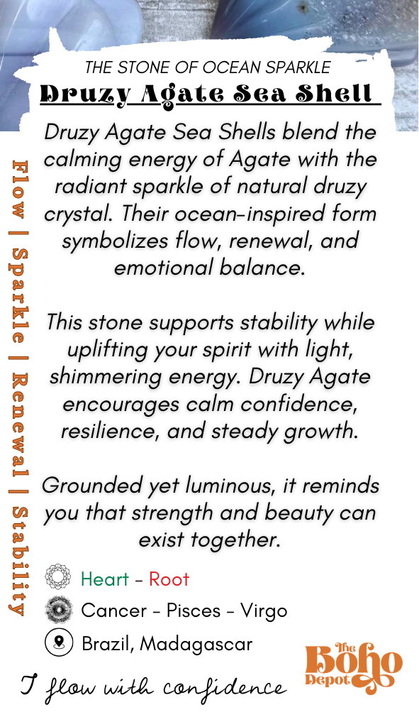 Product description card for Druzy Agate Sea Shell with text and branding.
