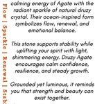 Product description card for Druzy Agate Sea Shell with text and branding.