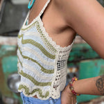 side view of boho embroidered crop top with waves stitching and scalloped edge 
