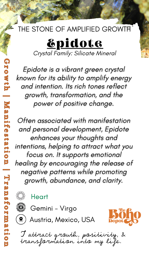 Information card about epidote crystal with text and branding.