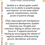 Information card about epidote crystal with text and branding.