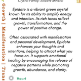 Information card about epidote crystal with text and branding.