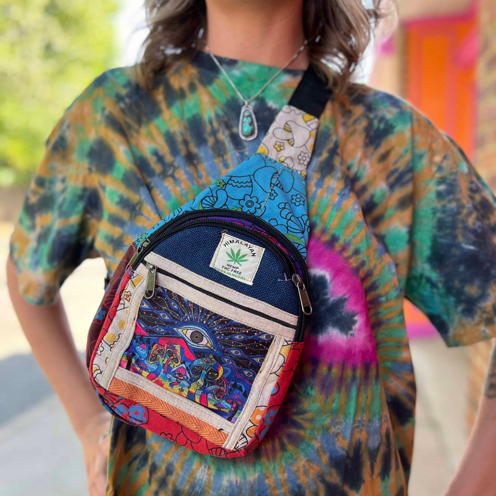 Full outfit view with third eye hemp crossbody bag worn across chest