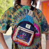 Close-up of third eye and mushroom embroidery on hemp crossbody bag