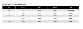 The Flying Tomato sizing chart.