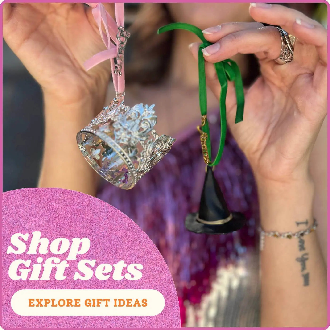 Two decorative items held by hands with a promotional text overlay on a pink background.