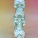 Front view of skulls covering eyes, ears, and mouth (see/hear/speak no evil)