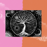 The Black & White Tree of Life Tapestry on a pink and orange background.