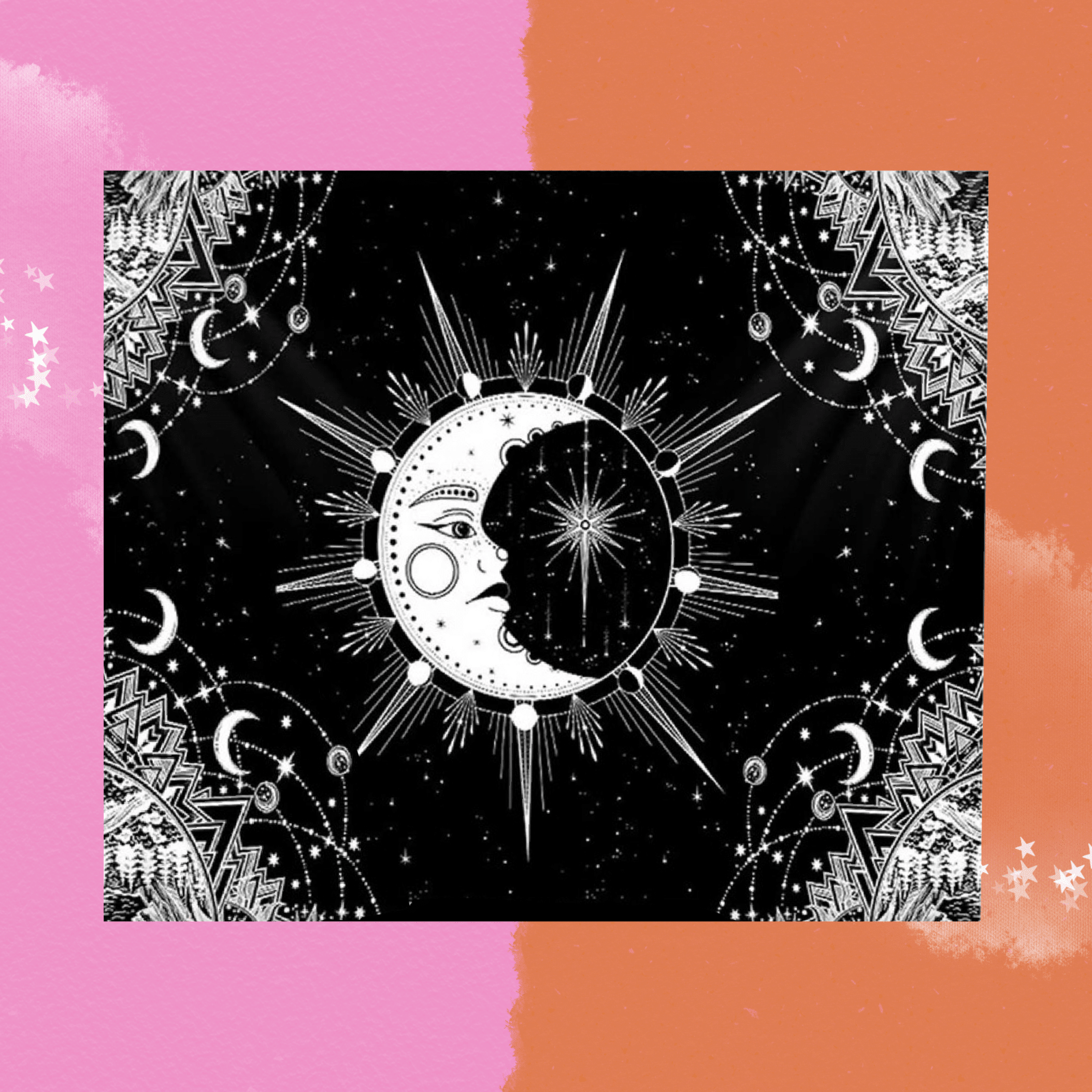 The Black & White Moon Tapestry on a pink and orange background.