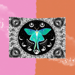 The Celestial Lunar Moth Wall Tapestry on a pink and orange background.
